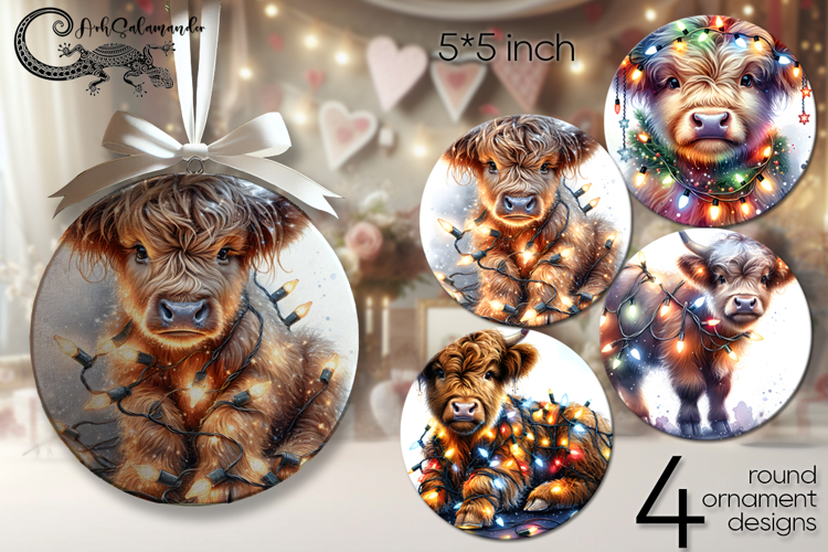 Christmas cow & garland | retro round ornaments sublimation
