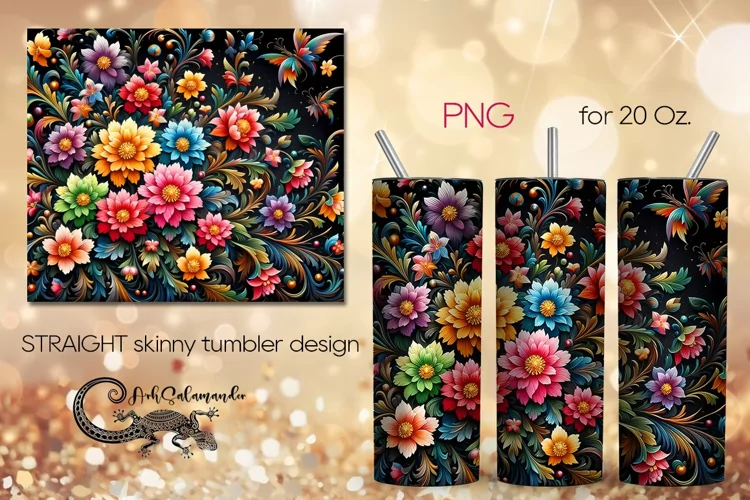 Flowers, black background | tumbler Sublimation design PLUS