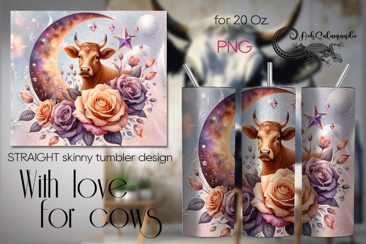 Cow, moon & flowers | Skinny tumbler Sublimation design PL8