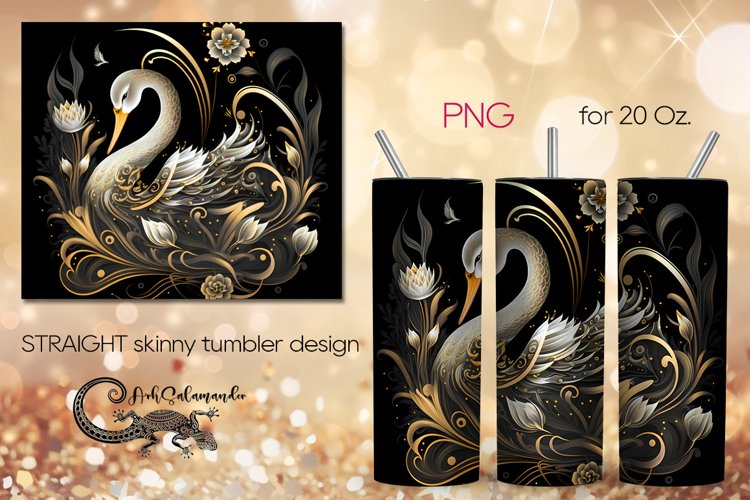 Swan | black & gold skinny tumbler Sublimation design PLUS8