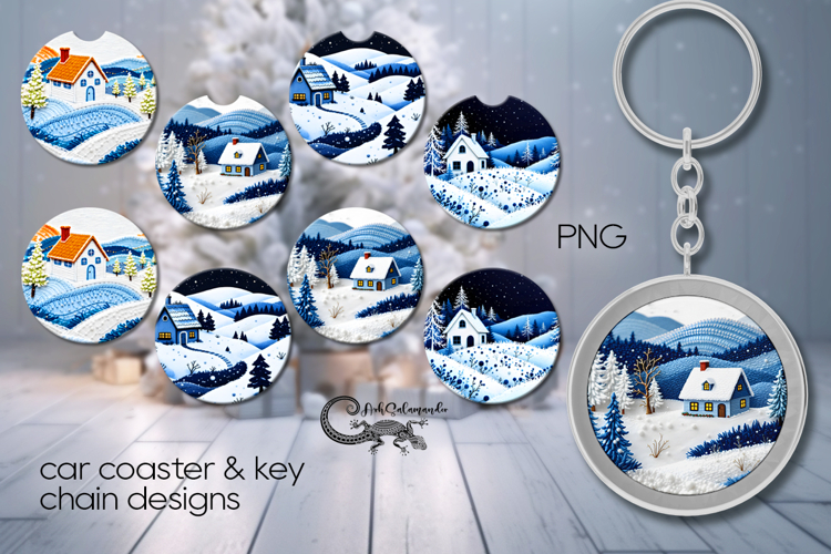 Xmas landscape | Embroidery Car coaster & key chain