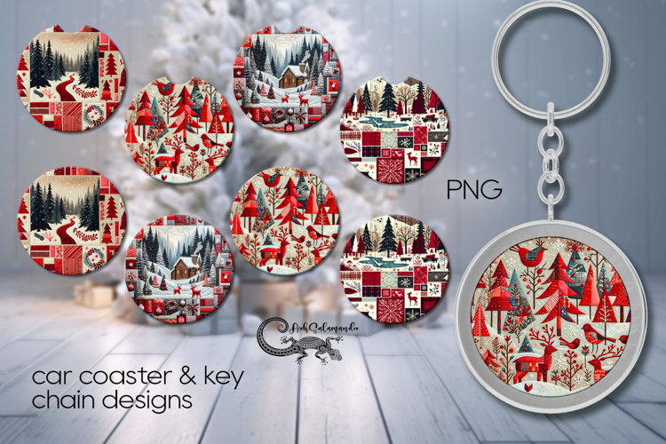 Xmas patchwork landscape | 4 Car coaster & 4 key chain