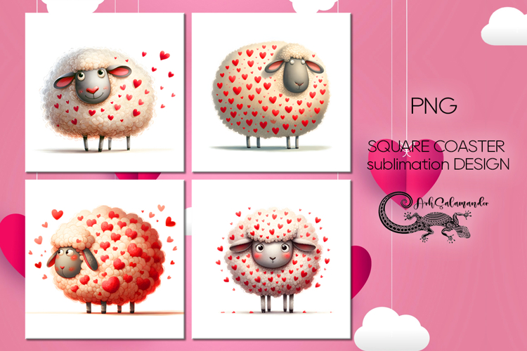 Valentine sheep | 4 love square coaster sublimation designs