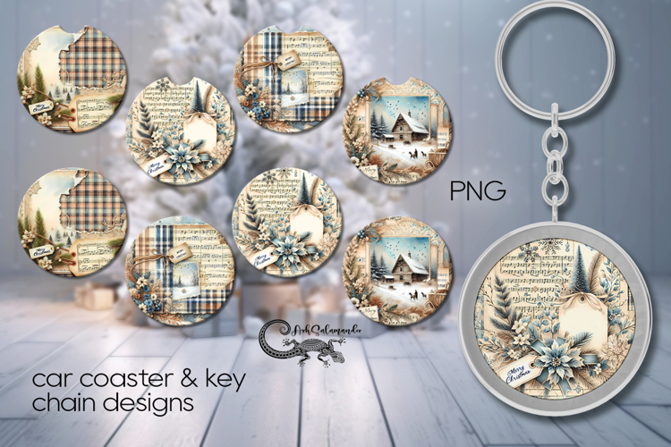 Vintage Christmas | xmas Car coaster & key chain design PL