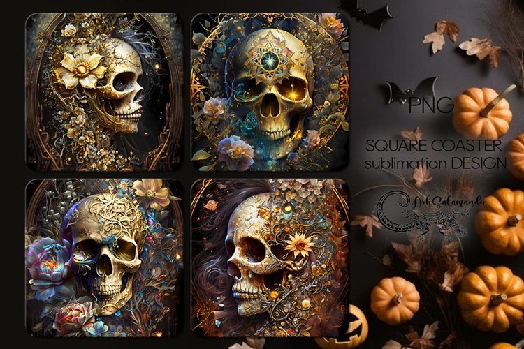Skulls with flowers | 4 Halloween square coaster sublimation example image 1