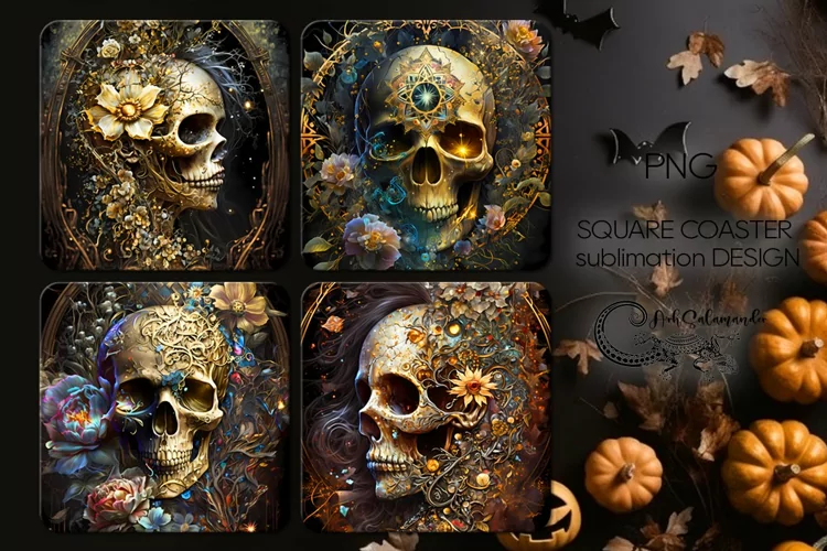 Skulls with flowers | 4 Halloween square coaster sublimation
