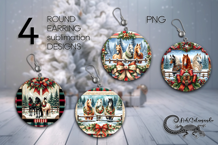 Country Christmas | 4 xmas horse Round earring Sublimation