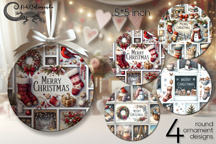 Christmas collage | 4 retro Round ornaments sublimation P