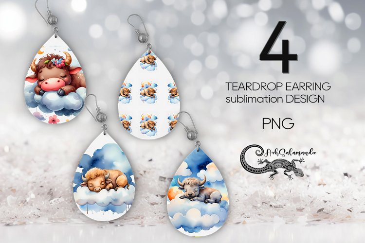 Sleeping cow | Kids Teardrop earring sublimation design PLUS