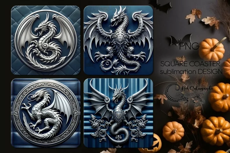 Metallic dragon | 4 square coaster sublimation designs