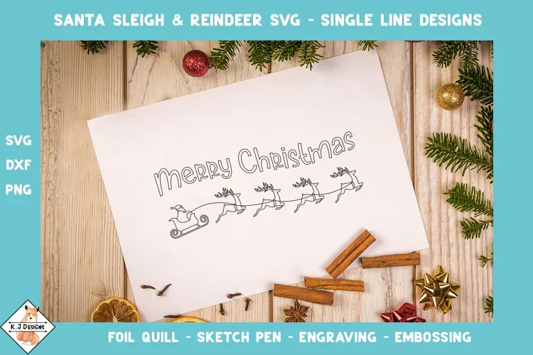 Santa Sleigh & Reindeers SVG Foil Quill | Single Line Design