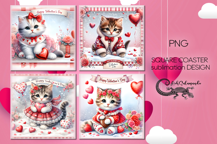 Valentine cat | 4 love square coaster sublimation designs