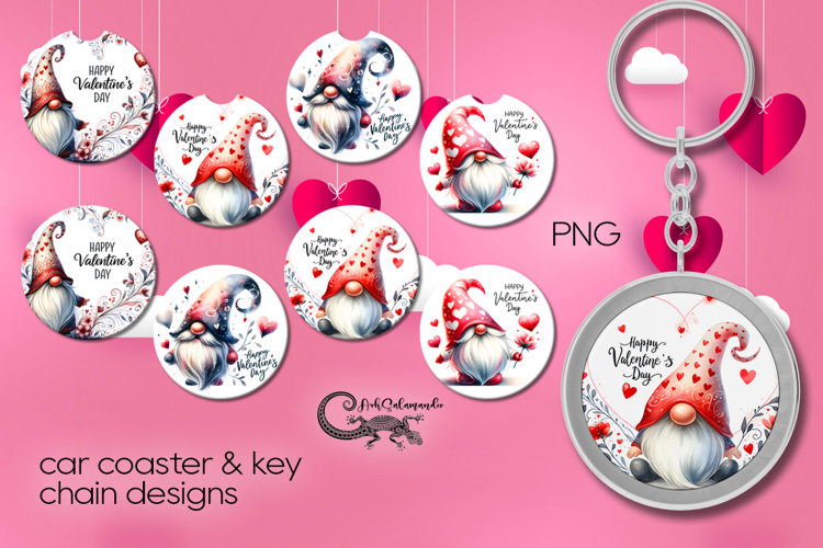 Valentine gnome | 4 car coaster & 4 key chain designs