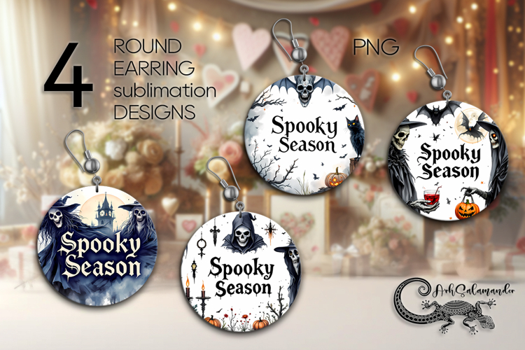 Spooky Halloween | 4 Sublimation round earring designs, PL