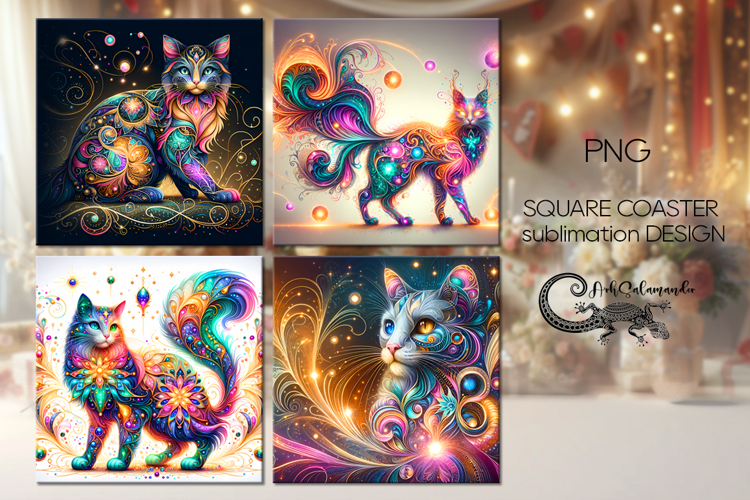 Fantasy Cats | 4 mystic square coaster sublimation designs