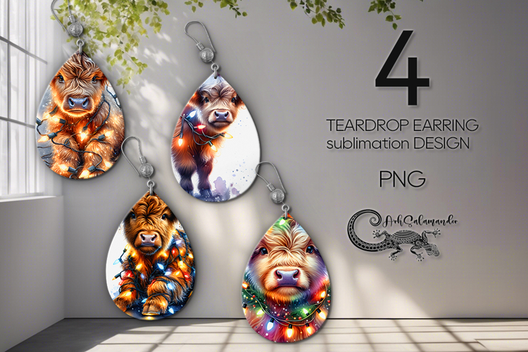 Xmas Cow & garland | Teardrop earring sublimation design