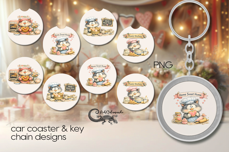 Moms cat | mothers day 4 Car coaster & 4 key chain designs