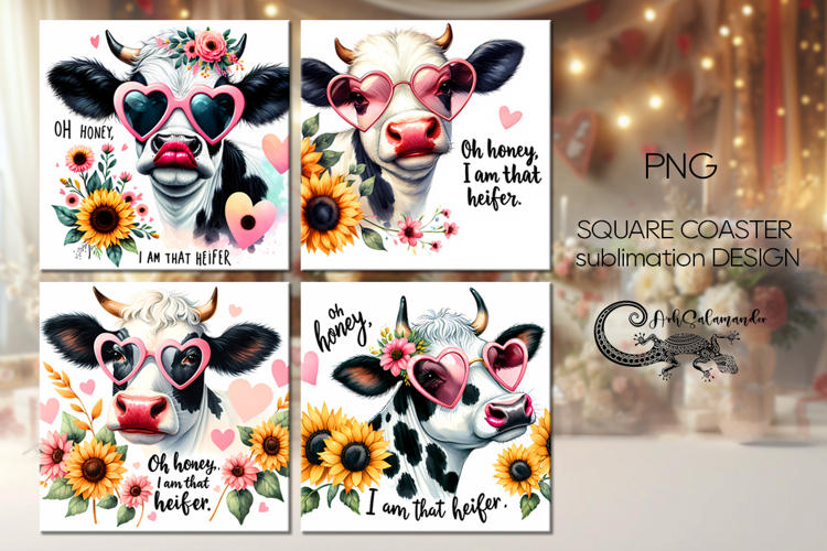 Flower & cows | 4 square coaster sublimation designs PLUS