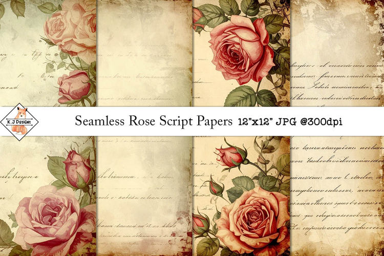 Vintage Script Rose Background Digital Papers