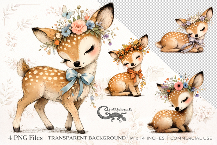 Cute Floral Baby Deer Clipart | 4 PNG sublimation designs