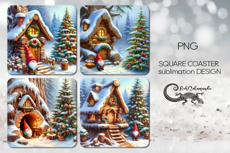 Christmas gnome | 4 square coaster sublimation designs PLUS