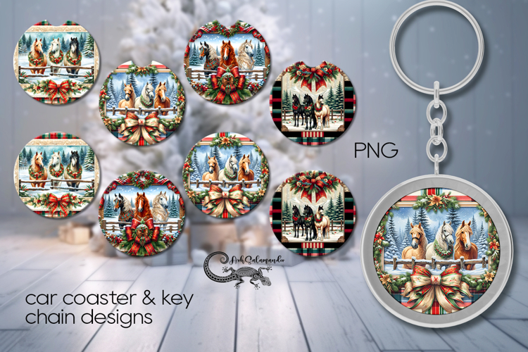 Country Christmas | xmas horse 4 Car coaster & 4 key chain