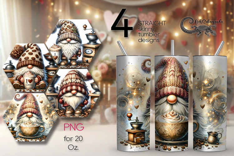 Coffee Gnome | 4 Watercolor Tumbler Sublimation Designs PL