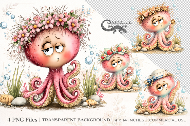Cute Funny Octopus Clipar set | 4 PNG sublimation designs