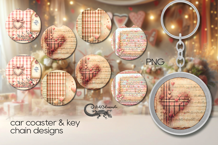 Valentine music | 4 Car coaster & 4 key chain retro designs