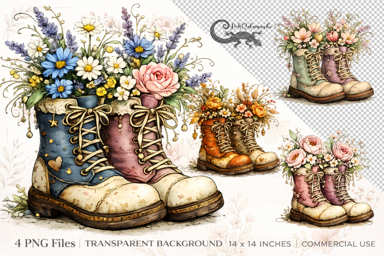 Floral Boots Clipart Bundle | 4 PNG sublimation designs