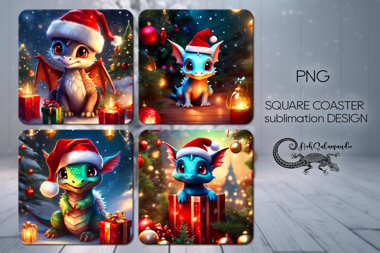 Cute xmas dragon | 4 winter square coaster sublimation