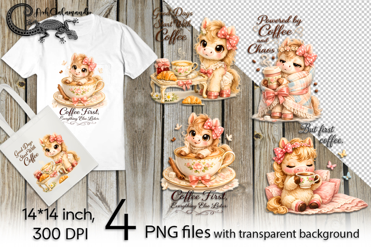 Funny Horse & coffee | 4 cute PNG Sublimation designs