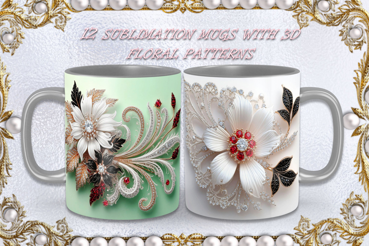Coffee Mugs I 12 designs of mugs with 3D floral patterns,JPG example image 1