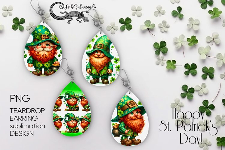 St. Patrick's day gnomes | teardrop Earrings sublimation example image 1