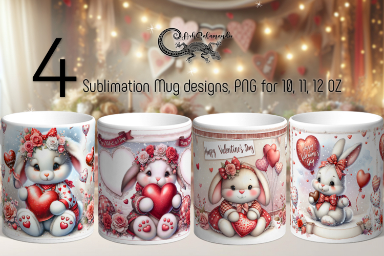 Cute valentine Rabbit | 4 love mug sublimation designs PLUS