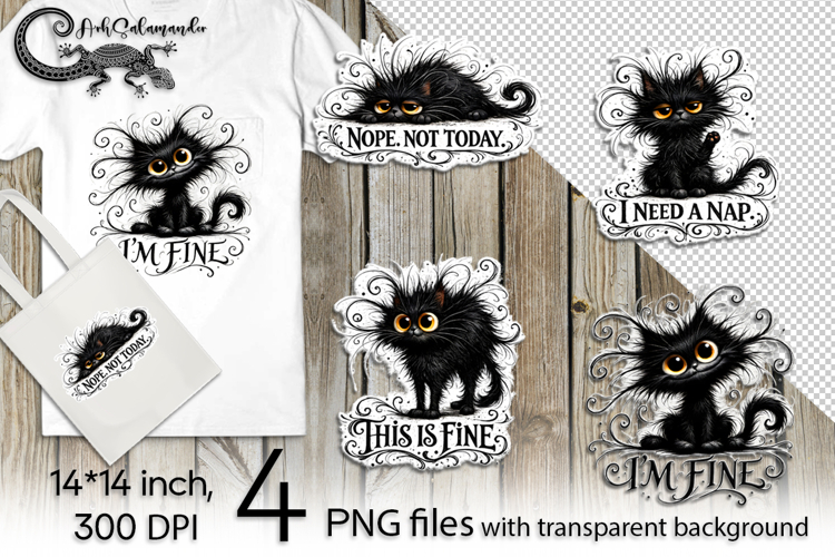 Funny black cat | 4 cute PNG Sublimation designs
