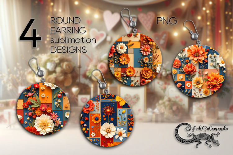 3D flowers | 4 Round earring Sublimation designs