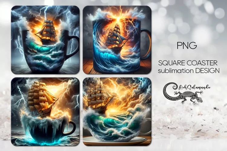 Fantasy ship | 4 square coaster sublimation designs