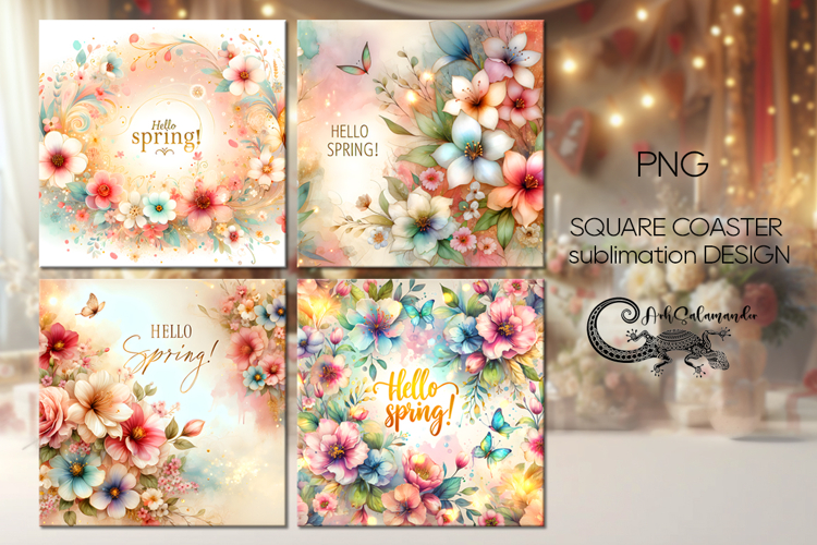 Hello spring | 4 flowers square coaster sublimation designs