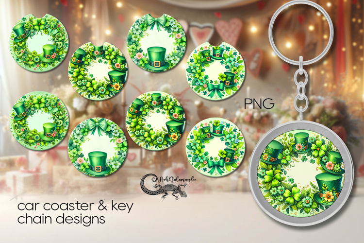 St. Patricks day clover | 4 Car coaster & 4 key chain