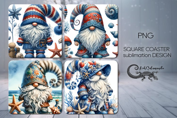 Marine gnome | 4 square coaster sublimation designs PLUS example image 1