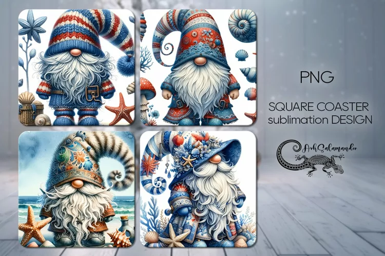 Marine gnome | 4 square coaster sublimation designs PLUS