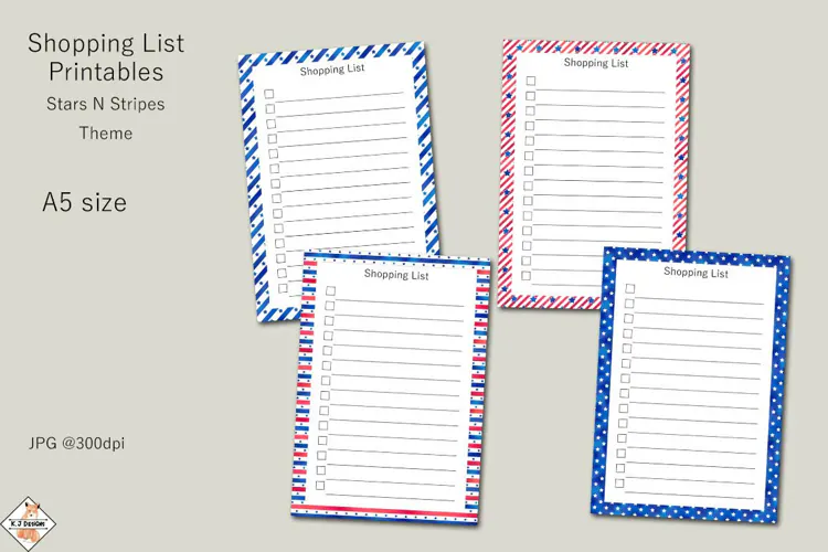 Stars N Stripes Theme Shopping List Printables A5 size
