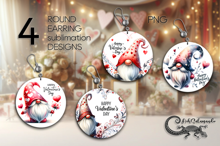 Valentine gnome | 4 round earring Sublimation designs P