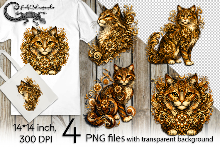 Folk cat | 4 gold PNG Sublimation designs