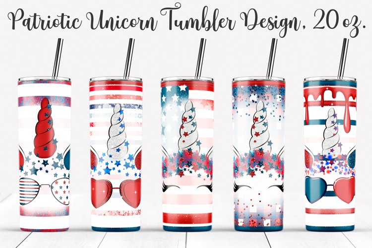 Patriotic Unicorn Skinny tumbler design. 20 oz, PNG. example image 1