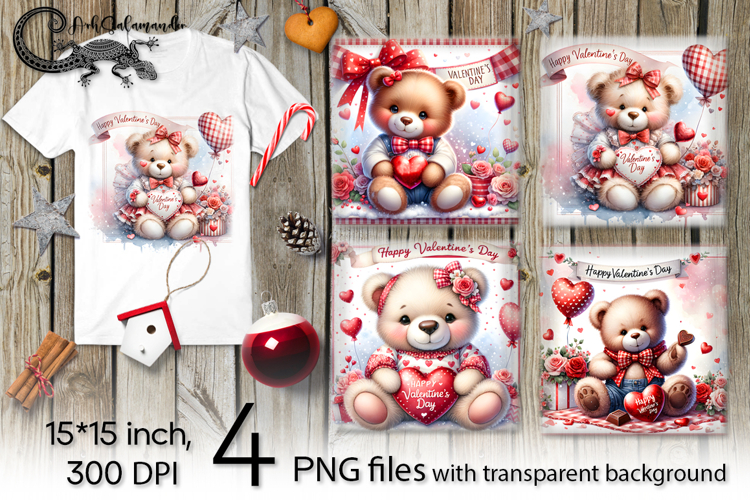 Valentine teddy bear | 4 PNG Sublimation designs P