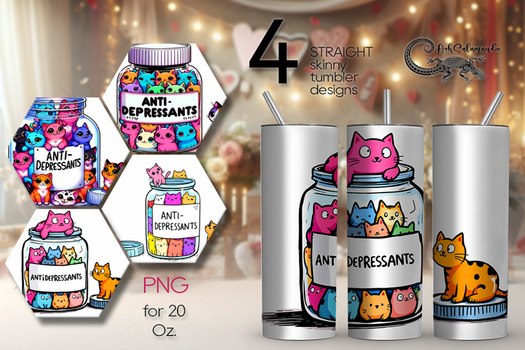 Colorful Cats | 4 Skinny tumbler sublimation designs PL