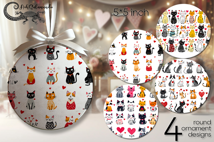 Valentine Cat | 4 round ornaments sublimation designs