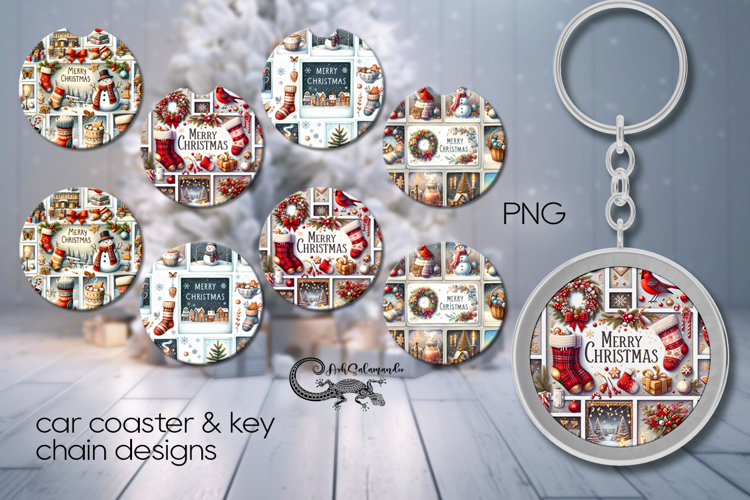 Retro xmas collage | 4 Car coaster & 4 key chain sublimation
